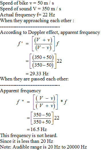 Speed of bike v- 50 m/s Speed of sound V- 350 m/s Actual frequency f- 22 Hz When they approaching each other: According to Do