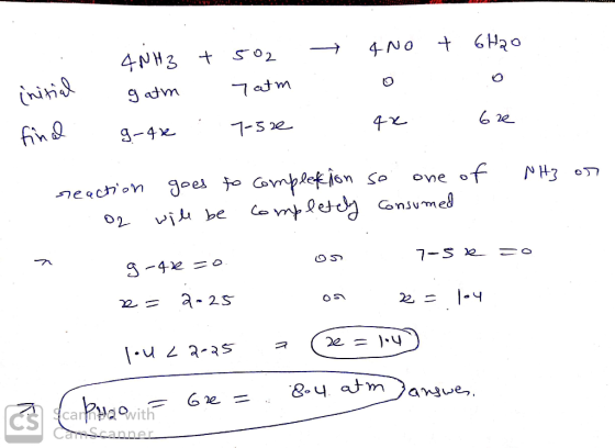 initial final - 4NH3 gatm g-41 +502 yatm : 7-sze → 4No o te + 6H2O o bre reaction goes to completion so one of NH3 or O2 will