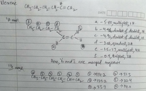 Hexene DATE 114 NMR CH-CH-CH, 14 - C = CH2 DATE II ♡ @ @ a - 5-80, multiplet, 1 st. @ The City-Clt itt b-4.96, doublet of dou