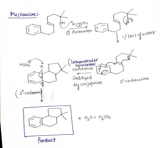 Mechanism: 1 O ProtonaHam ) loss ofwater intmoleular yciza Hon) Cartocation HSO4 H Staltized 30-cartocation Ay comjugaton (c