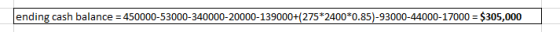 ending cash balance = 450000-53000-340000-20000-139000+(275*2400*0.85)-93000-44000-17000 = $305,000