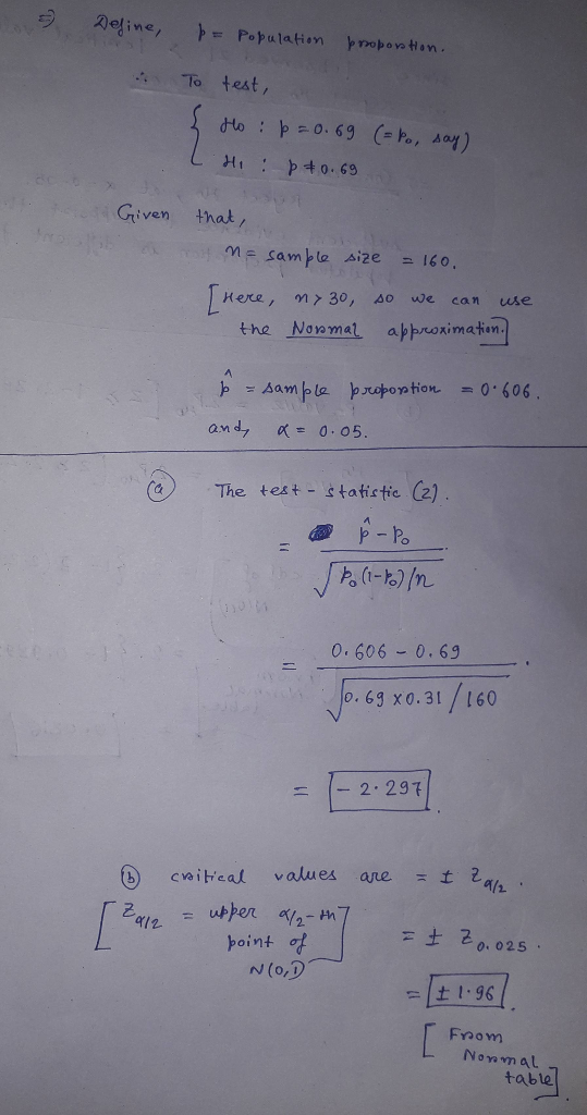 Define, p= Population proportion. To { test, Ho : p=0.69 Hi : p *0.69 (=po, say) L . Given a t that, n = sample size = 160.