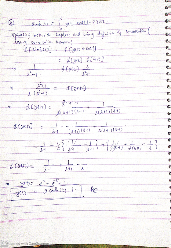 AZE convolution ! 6 Sinhit = yen coslt-2) di operating bom side Laplace and uring definition of Using convolution theorem) Li