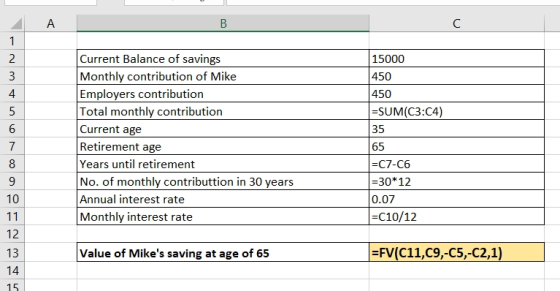 15000 450 450 =SUM(C3:04) 35 Current Balance of savings Monthly contribution of Mike Employers contribution Total monthly con