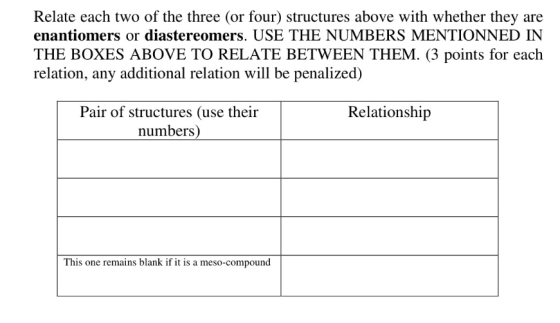 Relate each two of the three (or four) structures above with whether they are enantiomers or diastereomers. USE THE NUMBERS M