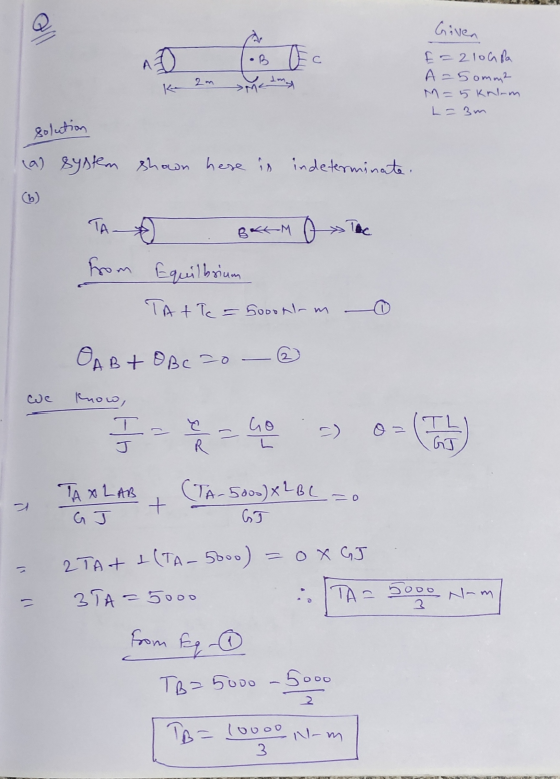 을 Given E B C A 2 m ME = 2lohla A=50mm2 M = 5Knom L = 3m solution (a) system shown here is indeterminate. TA BKKM from Equilb
