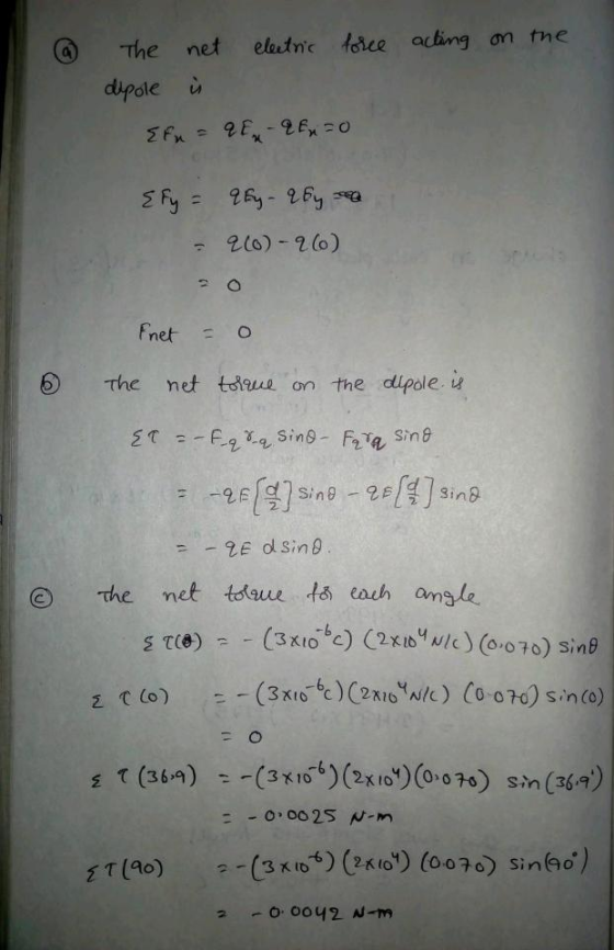 The net elautic toce acking on the dipole 2(0) 2(o) fheto 6 the net toue on the dipole. v the net toau ts each angle 3 t (364