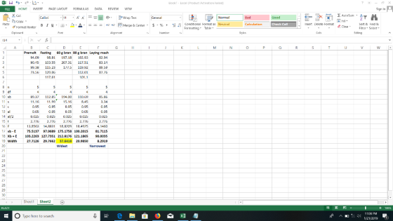 Book1-Excel (Product Activation Failed HOME INSERT PAGE LAYOLT FORMULAS DATA REVIEW EW 2 Hill aste . 2. A. -_- 4e47 F Merge & Center . s-% , conditional tormatas Neutral Check Cell Insert Delete Format Sort Hind B Filter. Selert or Format Painter B 1 u . Cleat . rmatting Tahlr Edtng PramoltFsing 60 g bran 80 g bran Laying mash 0 61 197.1 102.93 0.5103.55 207.31 117.51 99.381123177.S 119.92 112.01 73.5G129.06 117.61 9 df 10 xb 89.37 112.85 194.00 110.09 13 al 14 al 2 15 t 16 F 0.025 0.0250 2.772.77 2.776.770 3.953 14.8831 18 10.4925 75.5137 97.9689 175.1758 100.2015 81 .7115 1 XbE103.2263 127.7351 212.8176 121.1865 90.0035 27.7126 29.7662 37.6418 20.98508.2919 19 Width Sheel1Sheet2 ョ1 +101% - 11:08 PM O Type here to search