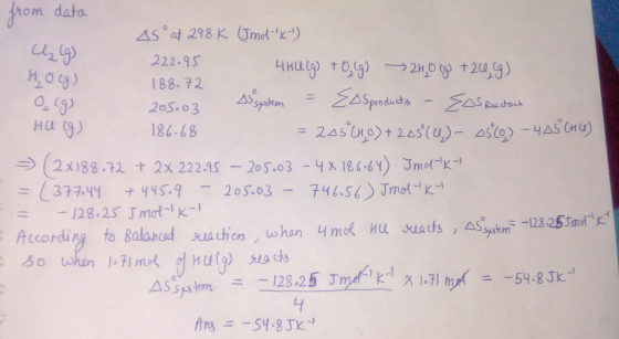 from data As at 298K (Jmol-k-)) a,9 222.95 Hocg) 4H ULg) +0,(g) → 24,0 g + 20 (9) 188.72 0,) 205.03 . As system = EASproduct