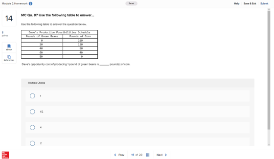 Module 2 Homework Help Save & Exit Submit MC Qu. 87 Use the following table to answer... Use the following table to answer the question below. Daves Production Possibilities Schedule Pounds of Green Beans 20 40 60 80 Pounds of Corn 160 120 80 40 Daves opportunity cost of producing 1 pound of green beans is pound(s) of corn. Multiple Choice 1/2 KPrev 14 of 20 Next >
