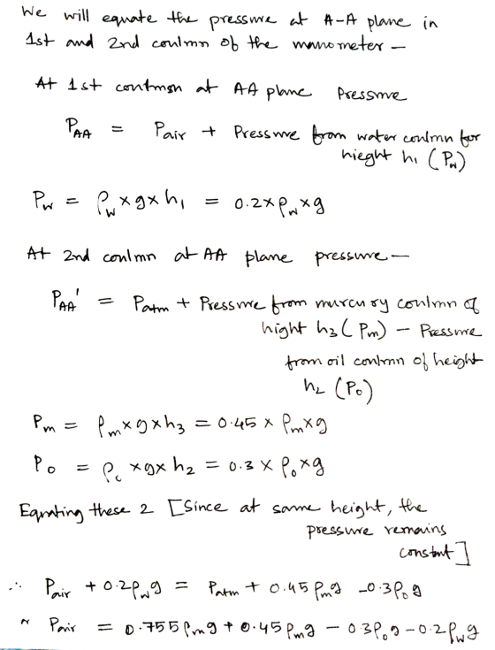 We will equate the pressure at A-A plane in 1st and 2nd coulma of the manometer - At 1 st contrrsh at AA plane Pressme PAA Pa
