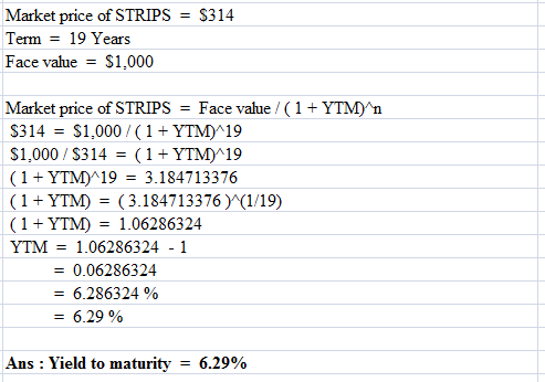 = $314 Market price of STRIPS Term 19 Years Face value = $1,000 Market price of STRIPS = Face value 1YTM^n $1,000 (1YTM)^19 $