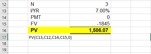 12 13 14 N I/YR PMT FV PV PV(C13,C12, C14,C15,0) 3 7.00% 0 -1845 1,506.07 15 16 17 18 19