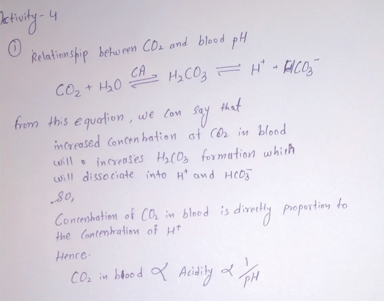 activity-4 Relationship between CO2 and blood pH CO₂ + H₂O CH H₂CO₃ = H + 1C05 from this equation, we can say that increased