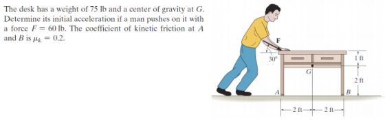 Image for The desk has a weight of 75 lb and a center of gravity at G. Determine its initial acceleration if a man pushe