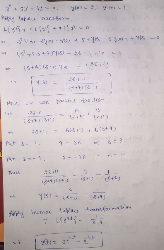 y + sylt4y= 0. y (0) = 2 9/100 = 1 Apply Laplace transform, L{y} + 5Lsyl} + 4 L{y} = 0. 82y/s)- 8410) - ylo, at 58718) - SY(