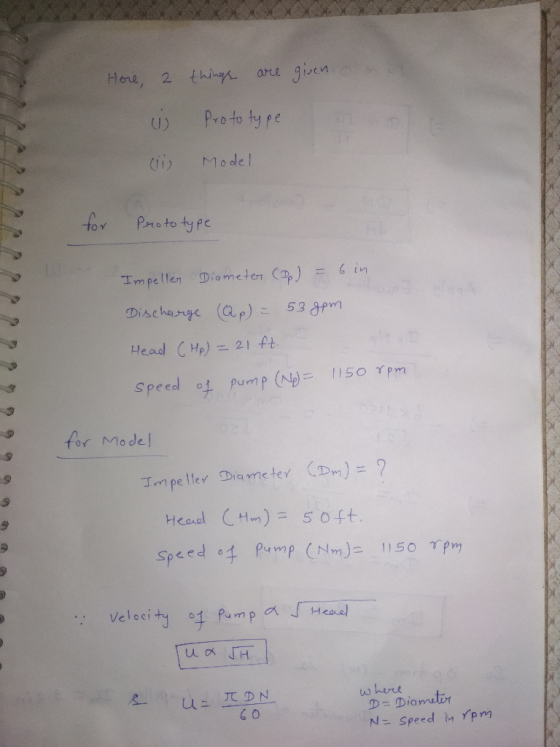 given Hore 2 thi arre U) Model Proto type Impellen Diameter CD) = 6 in Discharge (ap) 53 &pm Head CHp)= 21 ft 1150 Ypm Speed
