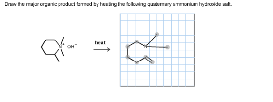 Draw the major organic product formed by heating the following quaternary ammonium hydroxide salt OHheat
