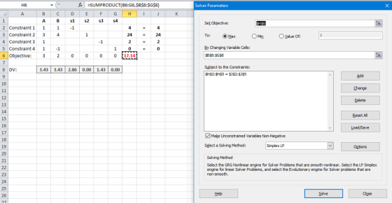 H6 f SUMPRODUCT(B6:G6,$B$8:$G$8) Solver Parameters s1 S2 $3 S4 Set Objective: 2 Constraint 11 3 Constraint 2 34 4 Constraint