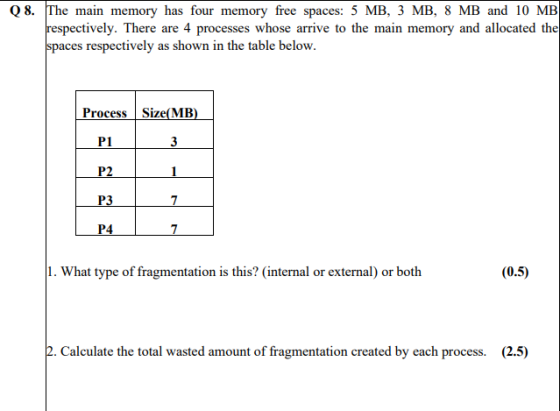 Q8. The main memory has four memory free spaces: 5 MB, 3 MB, 8 MB and 10 MB respectively. There are 4 processes whose arrive