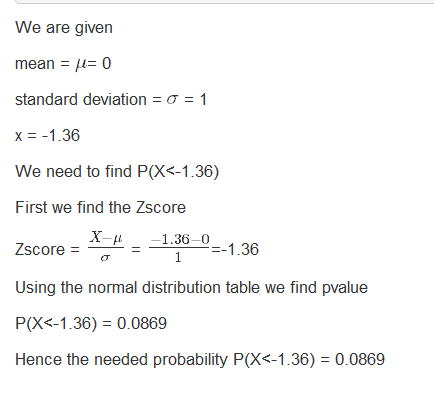 We are given mean μ= 0 standard deviation-ơ-1 x1.36 We need to find P(X-1.36) First we find the Zscore Zscore - - Using the n