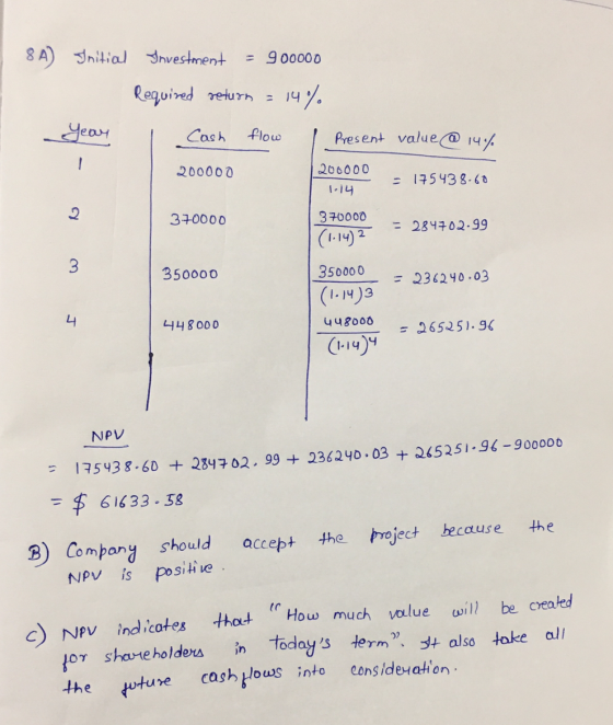8A) nitial nvestment = 900000 Required returh ear flow Cash Present value 14 200000 206000 = 175438.60 I4 3+0000 370000 = 284