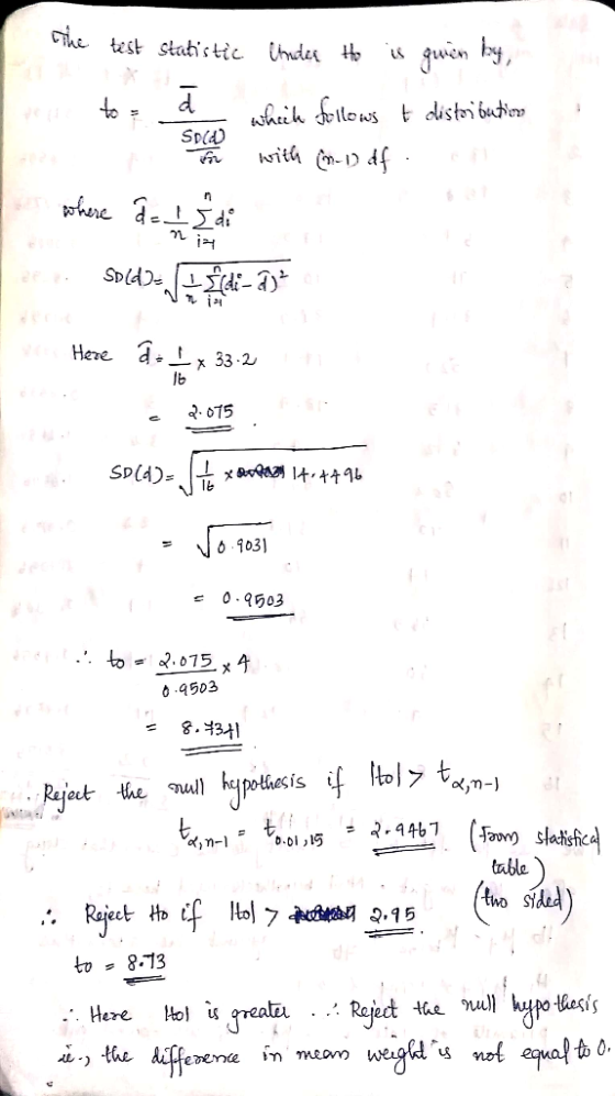 to SDCD the test statistic Under Ho is gwen by, conto = a which follows + distoi butina fint with (n-1) df. where da 12 Le so