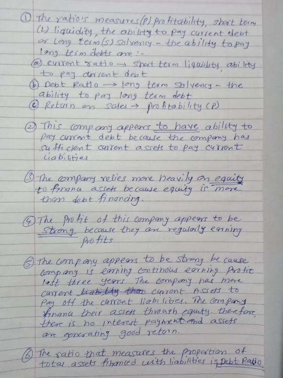 The ratios measures (1) profitability, short term (2) liquidity, the ability to pay current debt or long term (s) solvency -