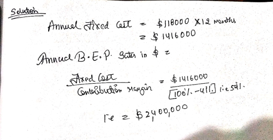 Solution Annual fixed Cast - $118000 X 12 months 2 $1416000 Annud B.E.P. Suter in $2 Fixed Costa on TTool-u 113 liesall Concü