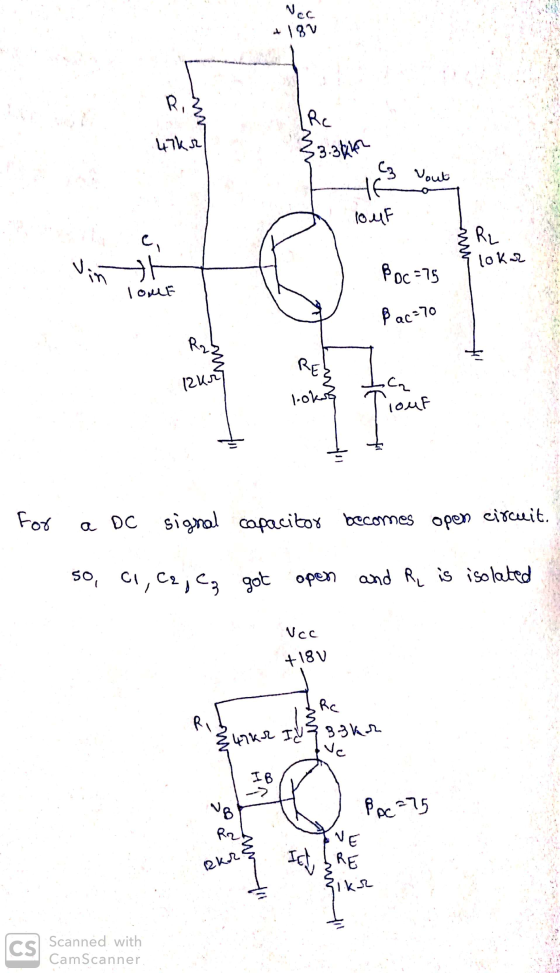 TOV 4752 louf lokar Boc=75 lout Bac=70 12 ur for a DC signal capacitor becomes open circuit. so, ci, Cz, ez got open and į is