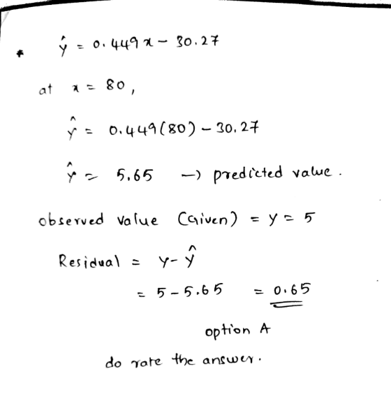 0.449,- 30.27 at 80, ŷ = 0.449(80) – 30.27 que 5.65 --) predicted value. observed value Caiven) = y - 5 Residual = у- у 5-5.6