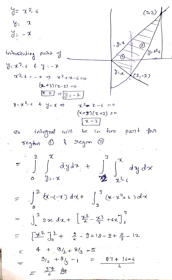 (313) Y= x²6 G= x y=-x Ya x²) n intersecting point of y=x2.6 & g=-x x26 = -x = x²+x-650 (6 +3)(x-2) 70 Yool (22,-2) y = x 2 6