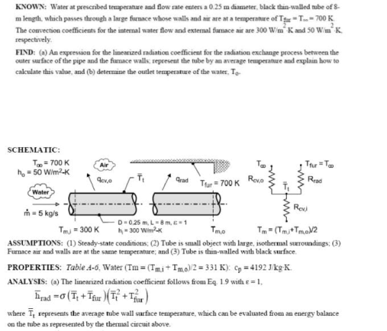 KNOWN: Water at prescribed temperature and flow rate enters a 0.25 m diameter, black thin-walled tube of 8- m length, which p