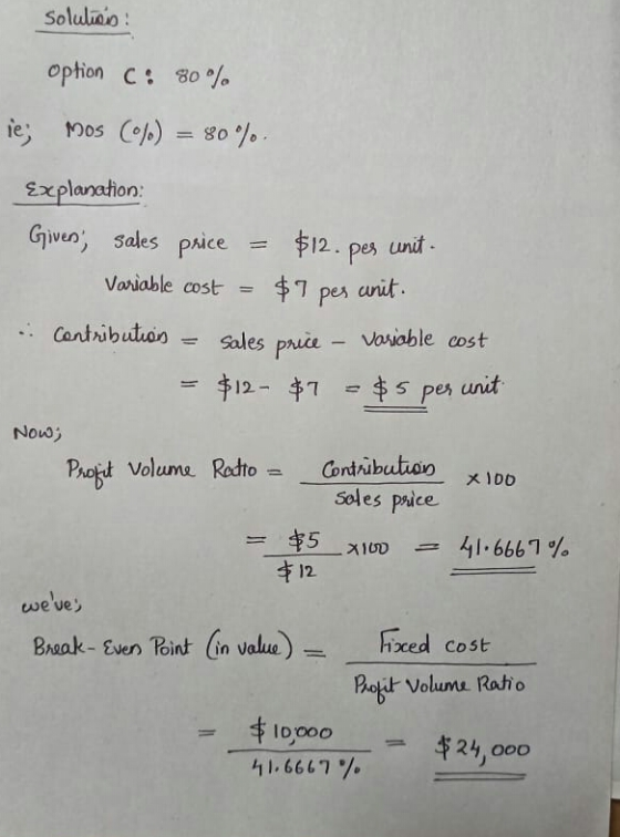 solution: option C: 80% ie; mos (0%) = 80%. Explanation: Giver, sales price = $12. pes cunit. Variable cost = $9 pes unit. .