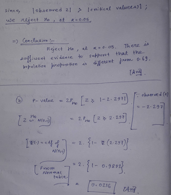 since lobsenved 21 a lcritical valuce sol, we reject to at x = 0.05 =) Conclusion: Reject to sufficient evidence population p