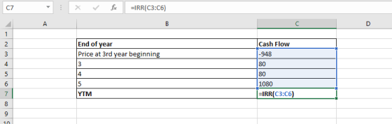 C7 xIRR(C3:C6) End of year Price at 3rd year beginnin Cash Flow 948 80 80 1080 4 4 IRR(C3:C6)