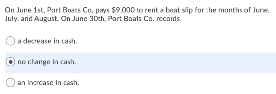 On June 1st, Port Boats Co. pays $9,000 to rent a boat slip for the months of June, July, and August. On June 30th, Port Boat