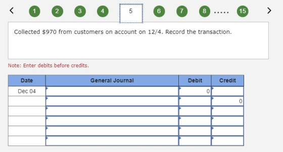 < o @ @ @ 500 ...... ® > Collected $970 from customers on account on 12/4. Record the transaction. Note: Enter debits before