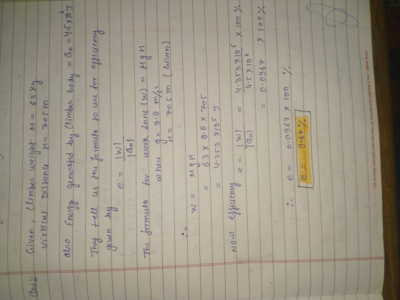 come riven, Climber weight virnical DistanceH= = 63 kg 705m. alro Energy They tell giun by generated by climber body = &n=4.5