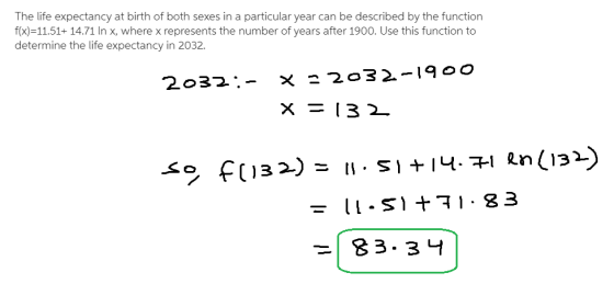 The life expectancy at birth of both sexes in a particular year can be described by the function f(x)=11.51+ 14.71 In x, wher