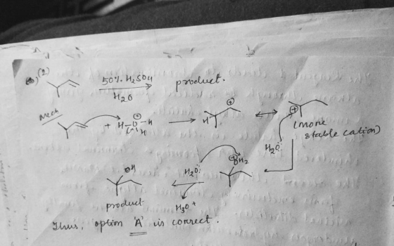 50% H₂Sou H2O product. Mech دے کہ + Ho imone stable cation) H₂o. o asti 120 product H₂O + Thus, option À is correct