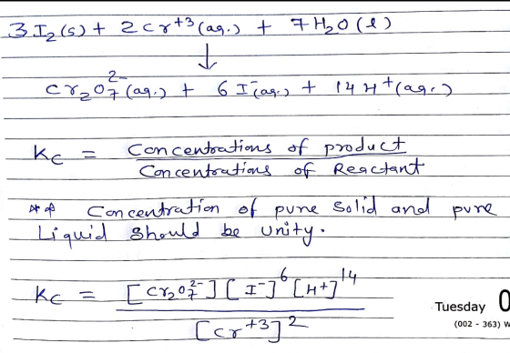 3 1₂ (6) + z crt3 (ag.) + 7H₂O(1) 2 Cr₂O7 (aq) + 6 I lari + 144 trage Concentrations Concentrations of of product Reactant so