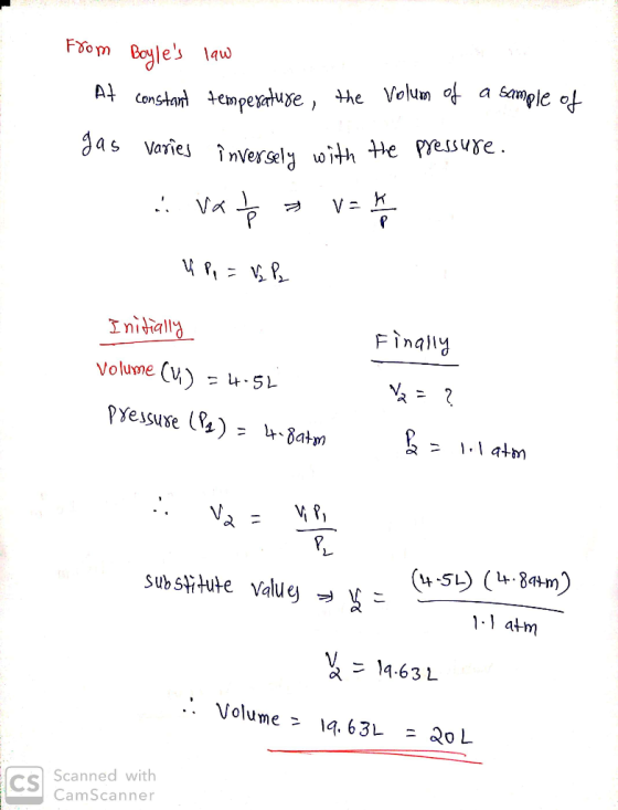From Boyles law At constant temperature, the volume of a sample of Jas varies inversely with the pressure. va v=h Y Pp = VP