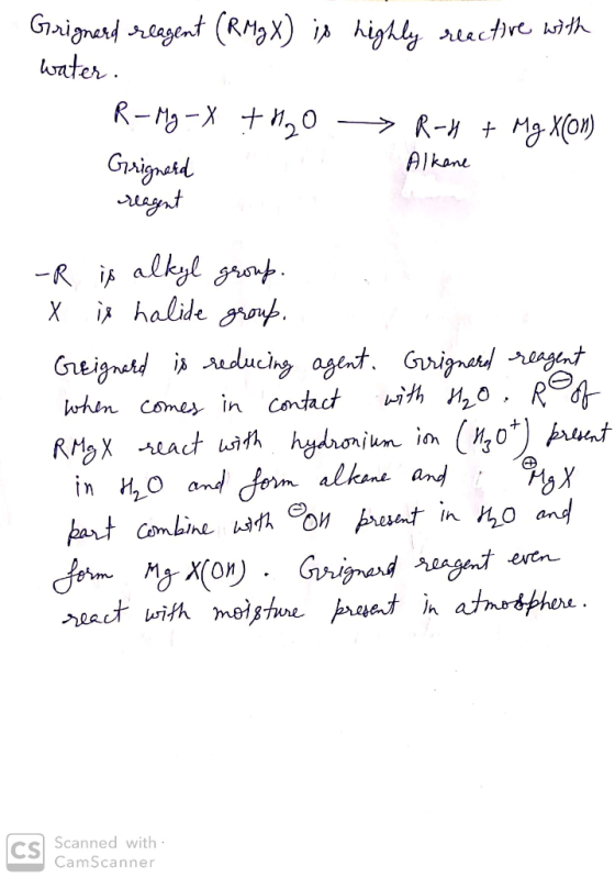 Grignard reagent (RMgX) is highly reactive with water. + H20 R-Mg - X Grignard reagent R-4 + Mg X(On) Alkane -R is alkyl grou
