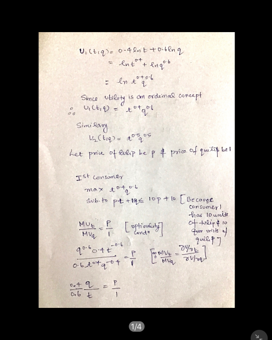 Ui(tiq)- 0-4 ln t +0.6 ln q entot + engub Since stility ultiq = 0.4 0.6 - en t q is an ordinal concept t t et qui oo Similary