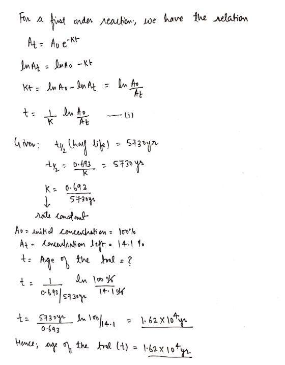 the relation For a first onder reaction, we have At= Au e-kt In Az = ln Ao akt kt = ln Ao- en At = ln A to ħ en het - li Give