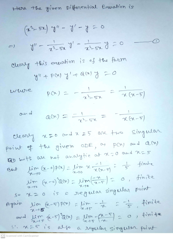 Here the given Differential Equation is (22_5x) ry - y-y20 =) yu- y - 1 yao x2_5x x²50 clearly this eauation is of the form
