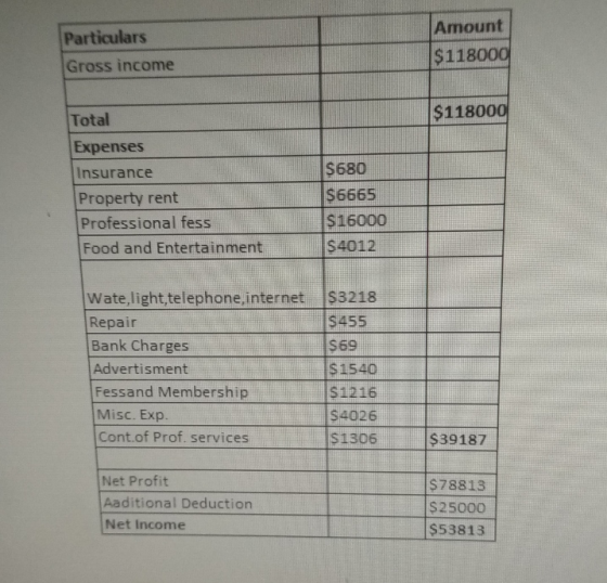 Particulars Gross income Amount $118000 $118000 Total Expenses Insurance Property rent Professional fess Food and Entertainme