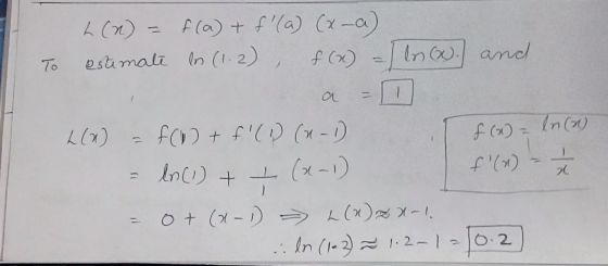 L(n) = f(a) + f(a) (x-a). To estimate ls (1.2) f(x) = ln (w.) and a = L(x) = f(1) + f(& (n-1). f(x) = ln (2) - ln (1) + (x-