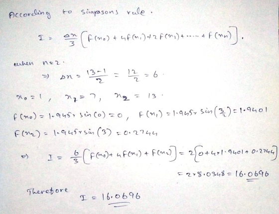 lo According Simpsons rule. 1 (f(no) Como) & hf (mi) + 2 f(22) + ... + f(nn) 3 when ne2 ans 13-1 11 12 2 6. 2. 13 77>?, f(no)